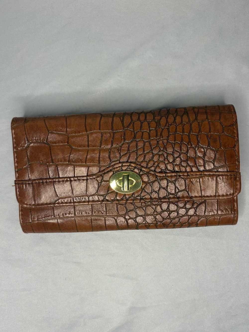 Brown Croc-Embossed Leather Wallet with Turn-Lock Closure